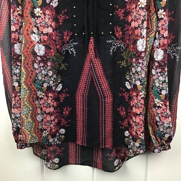 Bisou Bisou Peasant Blouse Black & Red Floral Boho Ties, Size  Medium - Picture 4 of 8